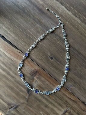 Silver Tone Necklace with Blue & Purple Stones – Classic Elegant Jewelry